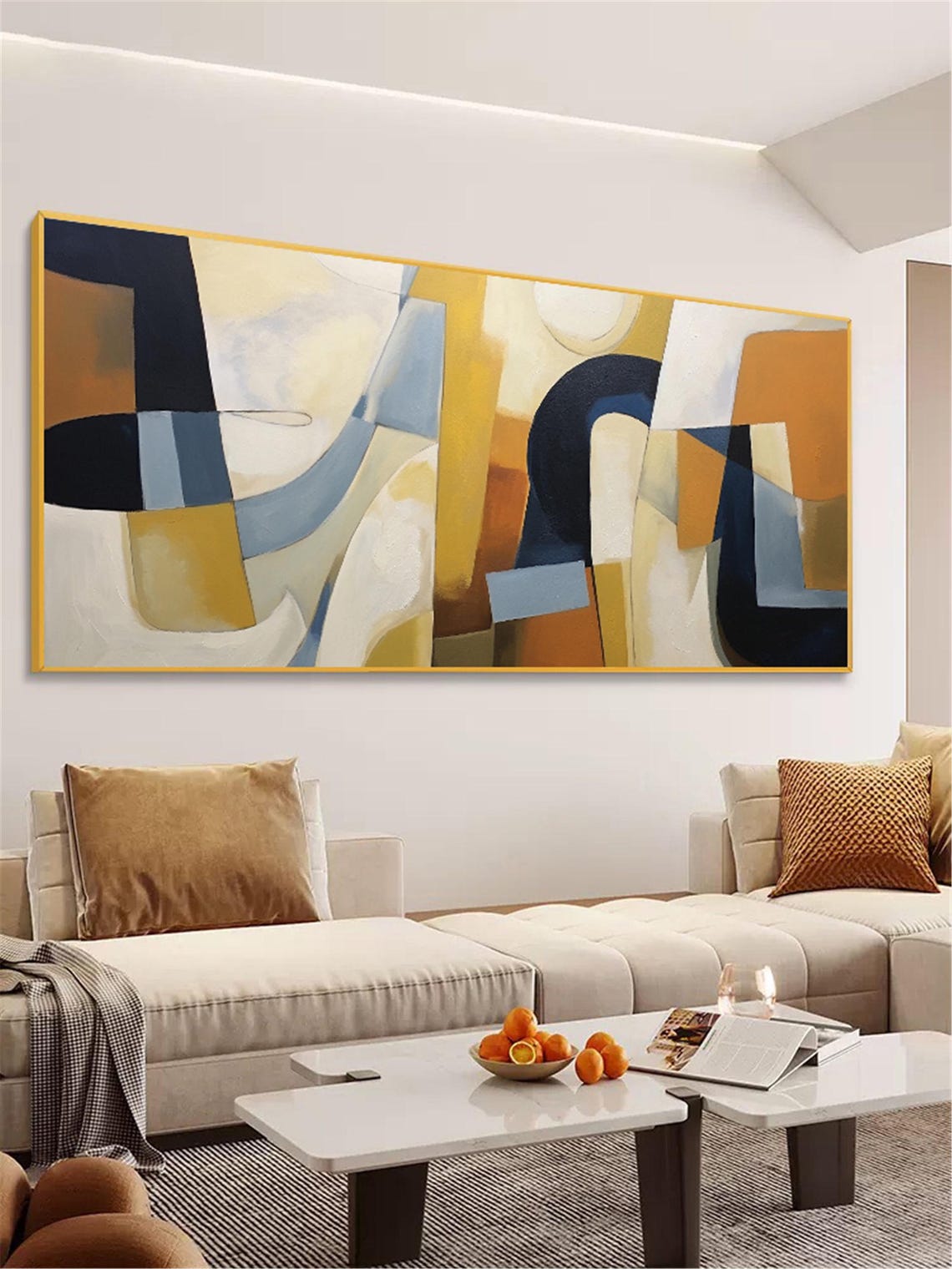 Geometric Ochre Navy Abstract Blocks Panoramic Modern Art Wall Poster - Image 3