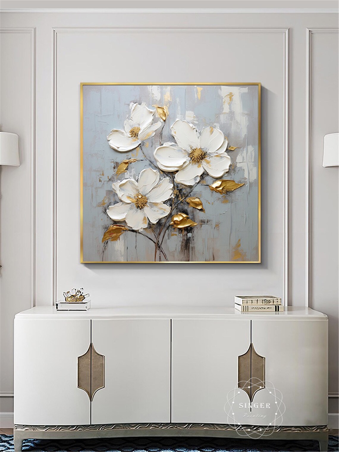 White Bloom Gold Center 3D Textured Impasto Painting Floral Poster - Image 4