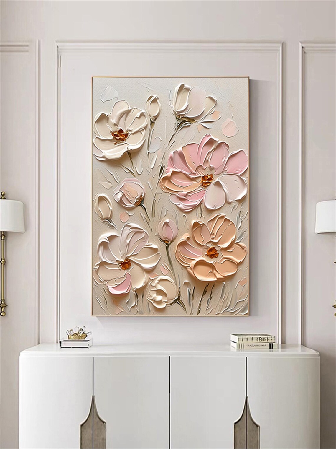 Cream Pink Apricot Bloom Beige 3D Textured Floral Painting Poster - Image 4
