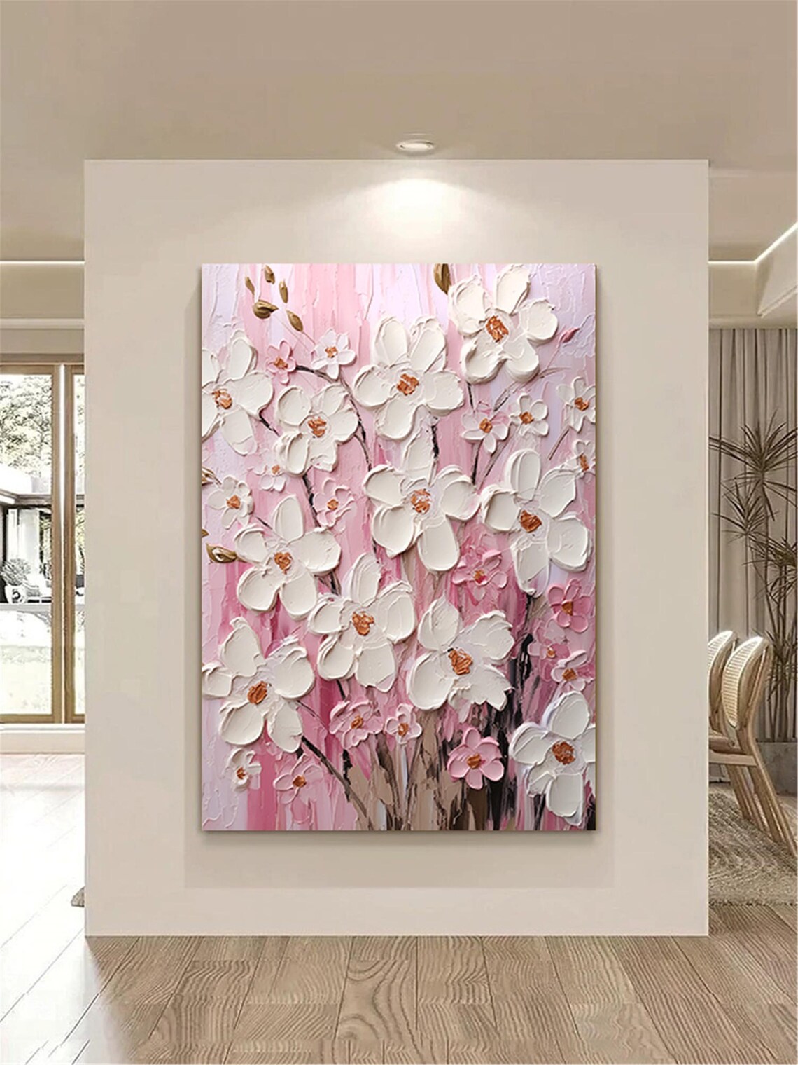 White Cherry Blossom Pink Background 3D Textured Floral Wall Art - Image 5