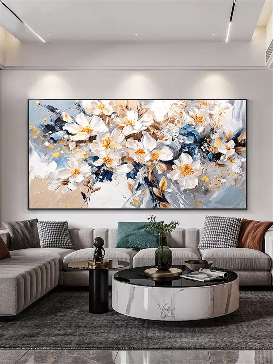 Cream White Wildflowers Blue Gold Accents Panoramic Floral Wall Art - Image 4