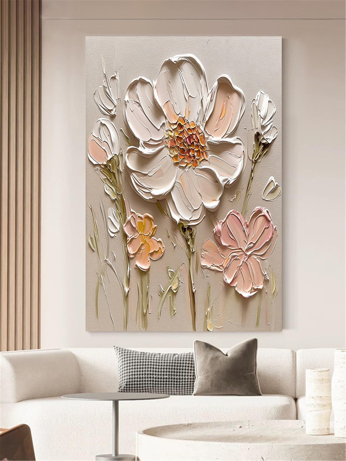 Delicate Pink White Cosmos Blossom 3D Textured Floral Painting Poster - Image 3