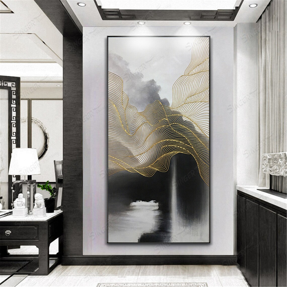 Gold Line Waves Over Misty Peaks Abstract Luxury Wall Art Poster - Image 2