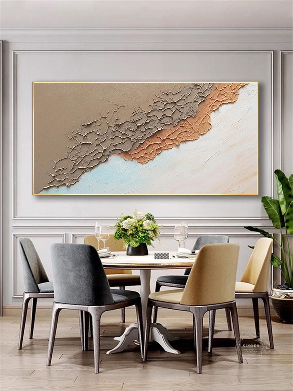 Cracked Earth Desert Abstract 3D Textured Taupe Coral Panoramic Print - Image 5