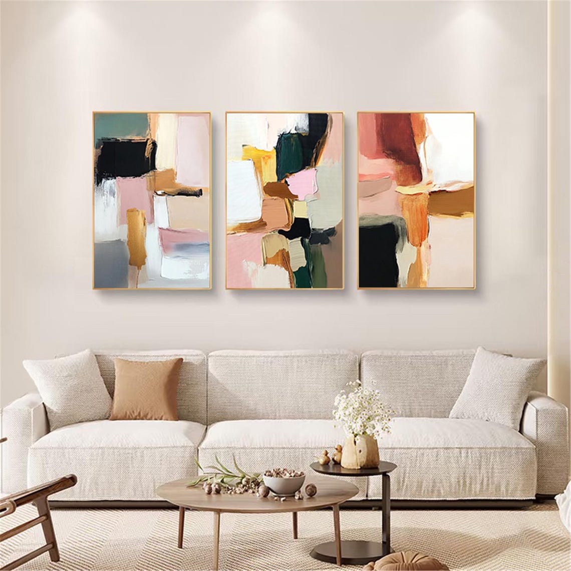 Three Piece Pink Black Gold Abstract Set Modern Triptych Wall Art - Image 5