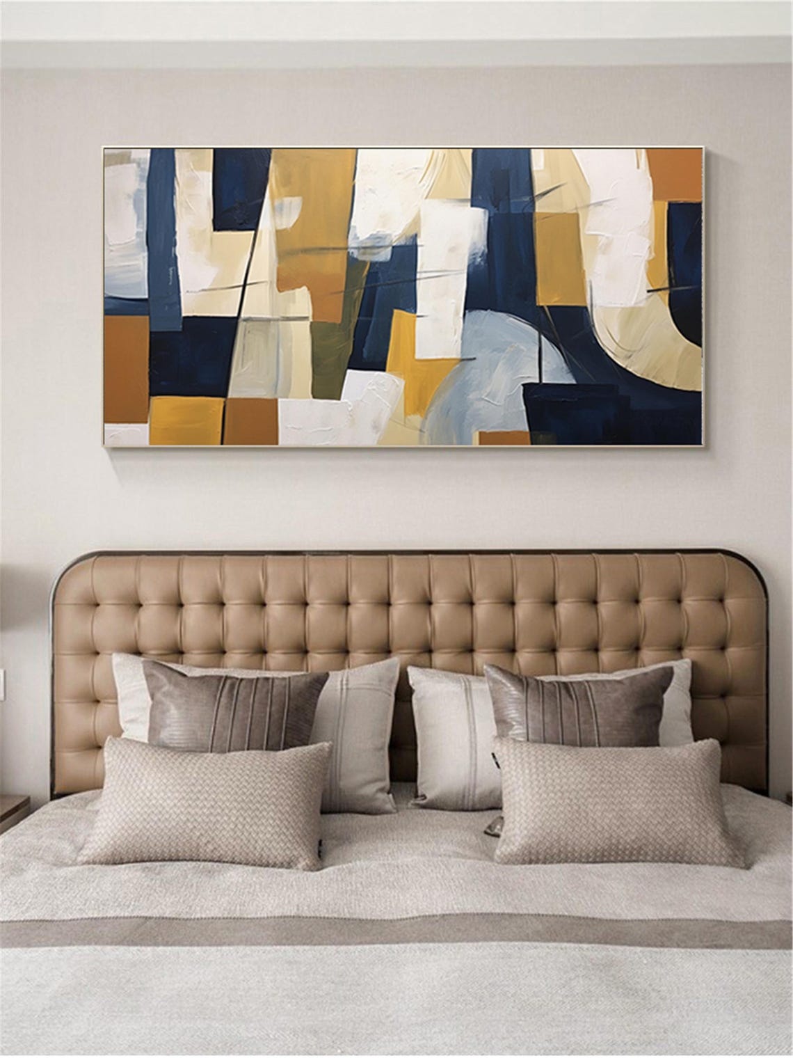 Navy Mustard Cream Geometric Abstract Blocks Panoramic Wall Art Poster - Image 4