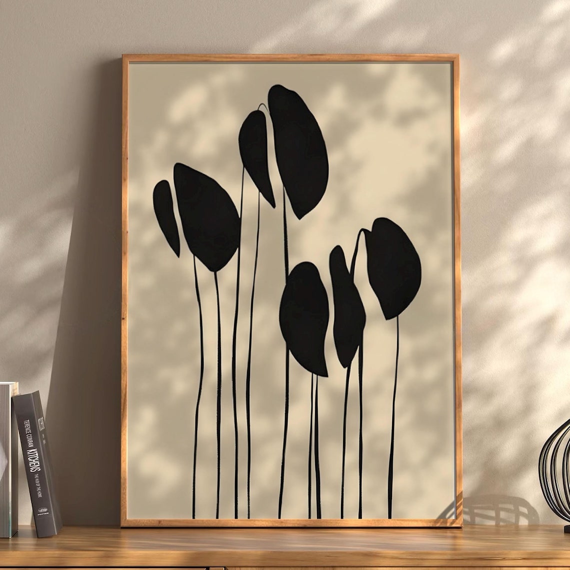 Minimalist Black Leaf Silhouettes Modern Beige Botanical Poster