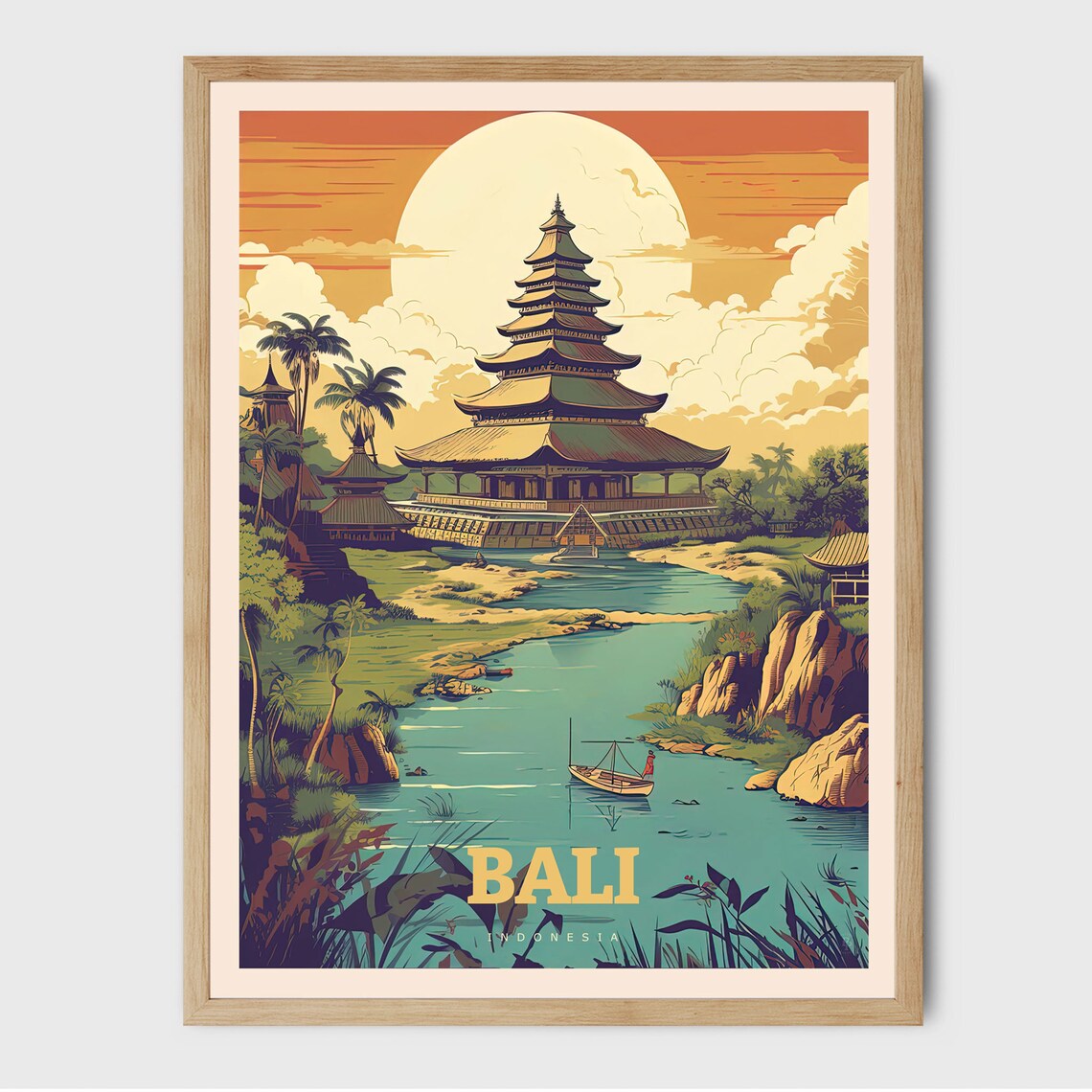 Bali Indonesia Balinese Temple Sunset River Boat Travel Poster