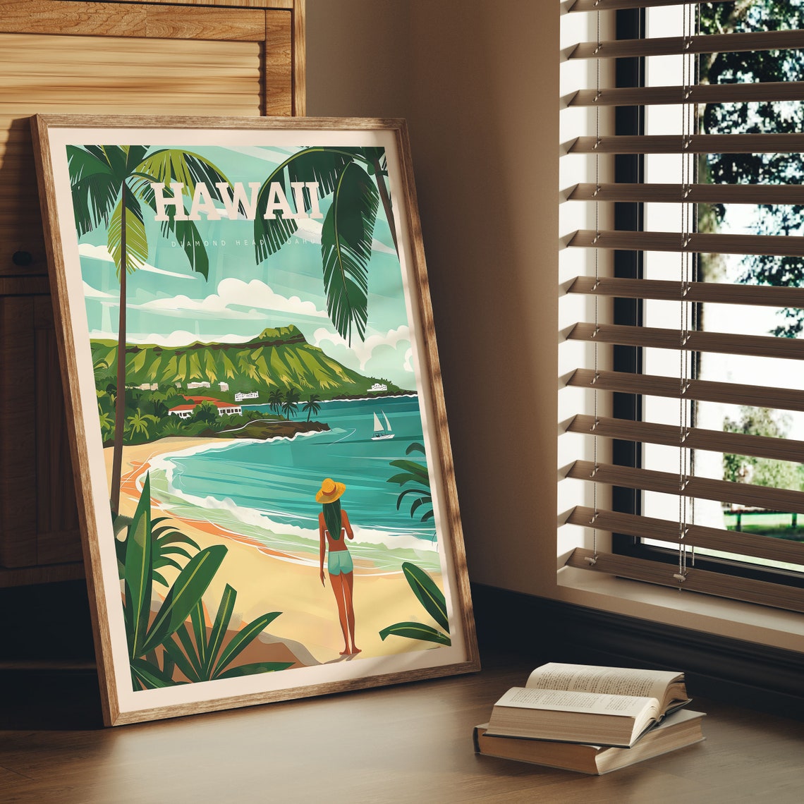 Oahu Hawaii Diamond Head Beach Palm Trees Ocean Sunset View Poster - Image 3