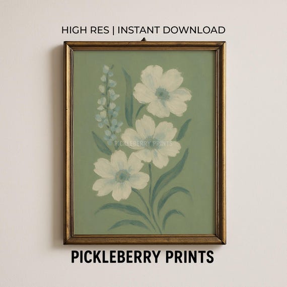 White Green Floral Botanical Print Grandmillennial Wall Decor Modern Southern Art