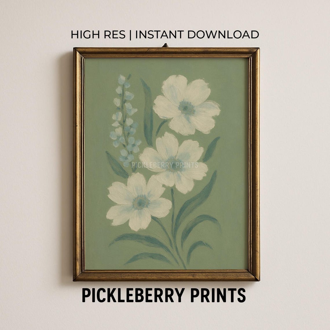 White Green Floral Botanical Print Grandmillennial Wall Decor Modern Southern Art
