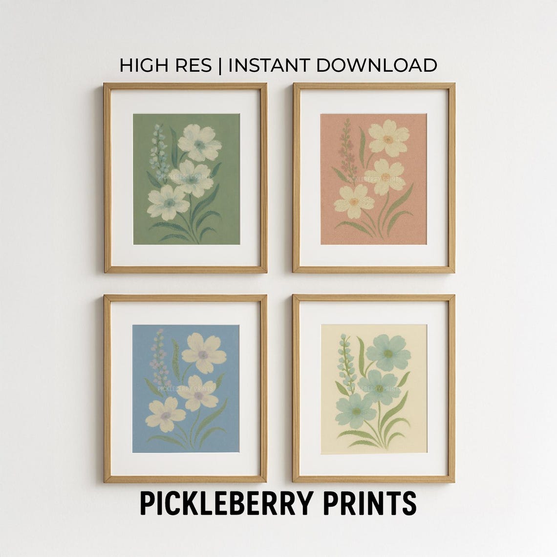 White Green Floral Botanical Print Set Grandmillennial Wall Decor Modern Southern Art