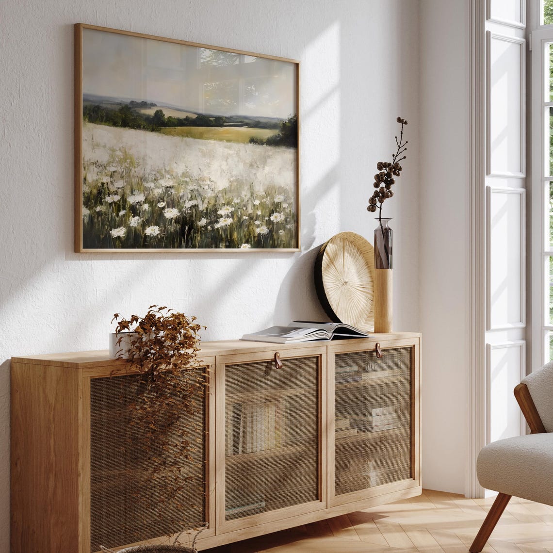 White Wildflower Field With Rolling Hills Beyond Rustic Poster - Image 4