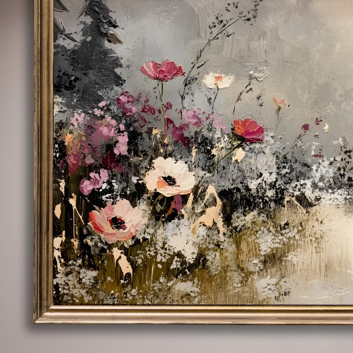 Pink And White Wildflowers With Pine Trees Winter Meadow Poster - Image 8