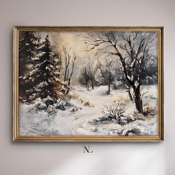 Wall Art Snowy Winter Landscape Moody Home Decor Rustic Vintage Christmas Oil Painting Cosy Farmhouse Impressionist Print