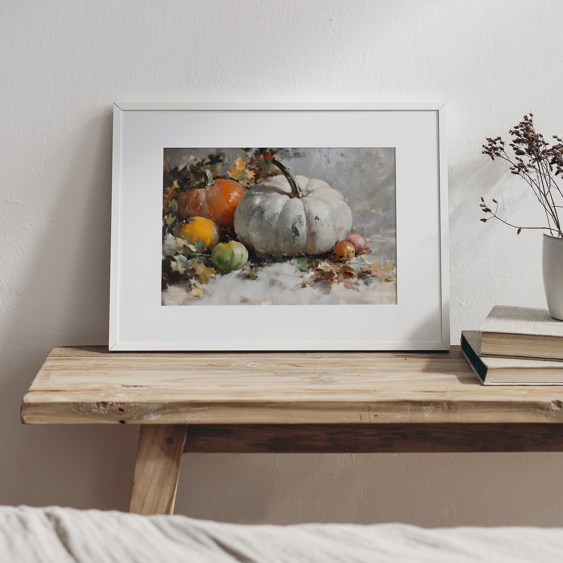 White Pumpkin With Orange Pumpkins And Autumn Leaves Still Life Poster - Image 8