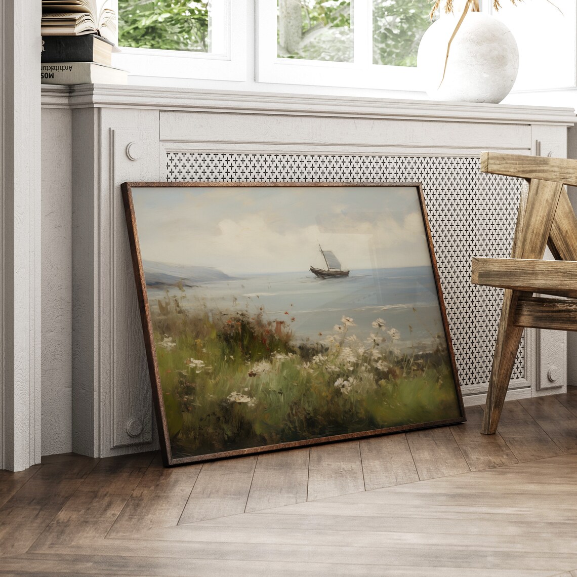 Sailboat On Calm Sea Wildflower Cliff Coastal Painting Poster - Image 6