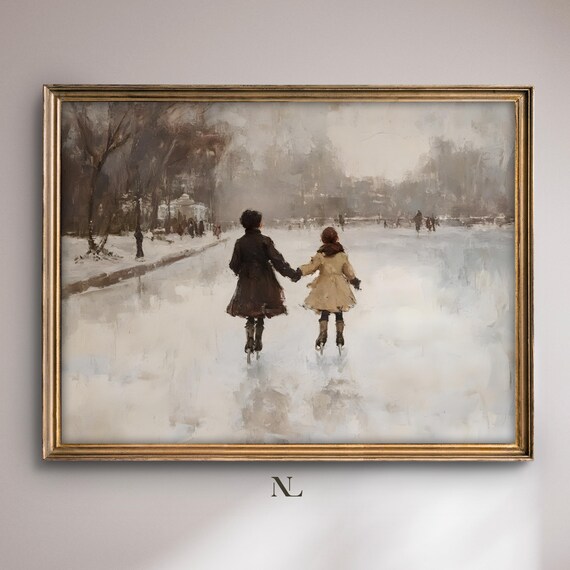 Two Skaters Holding Hands Frozen River Vintage Winter Poster