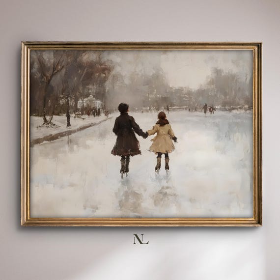 Wall Art Ice Skating Scene Moody Home Decor Rustic Vintage Seasonal Oil Painting Cosy Farmhouse Impressionist Print