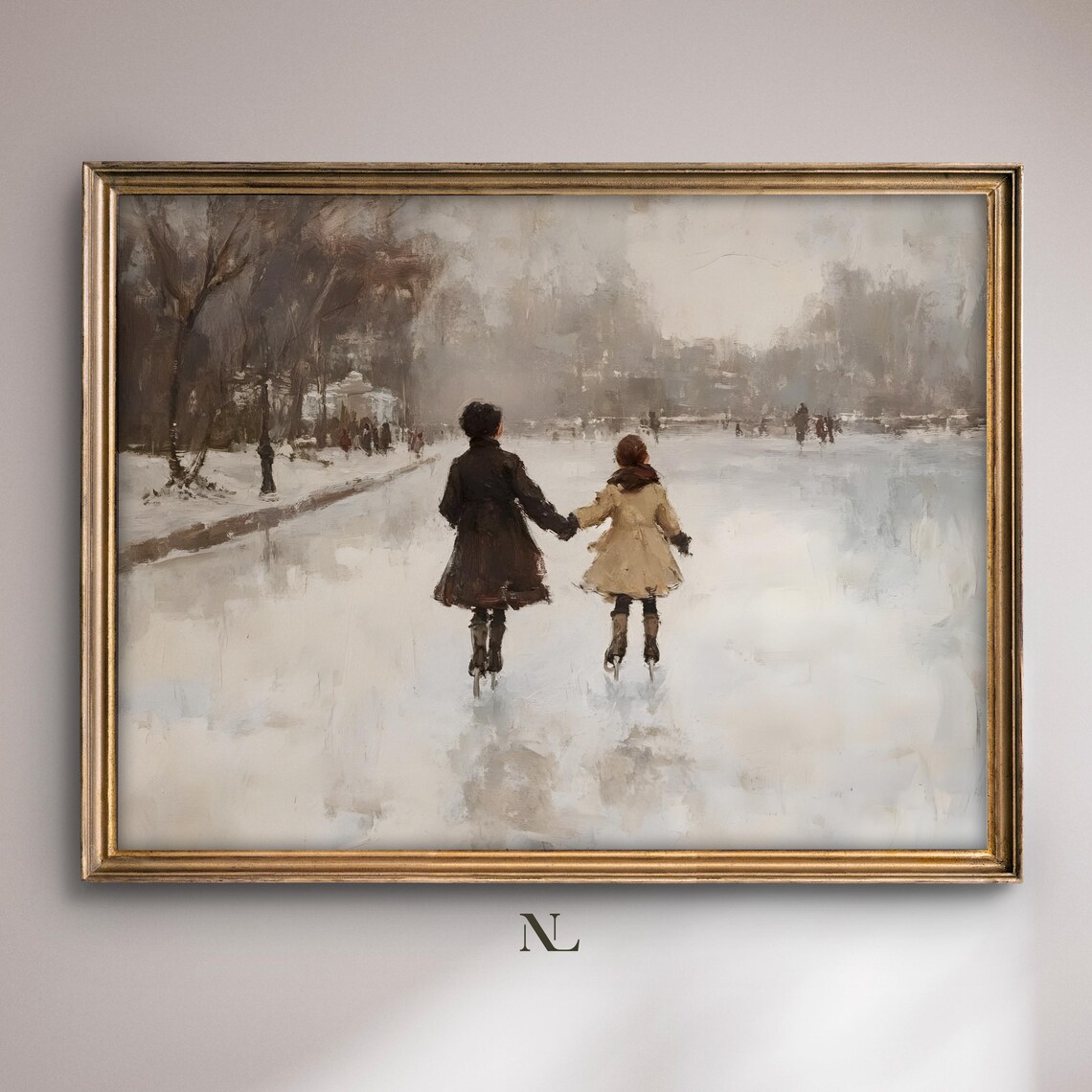 Two Skaters Holding Hands Frozen River Vintage Winter Poster
