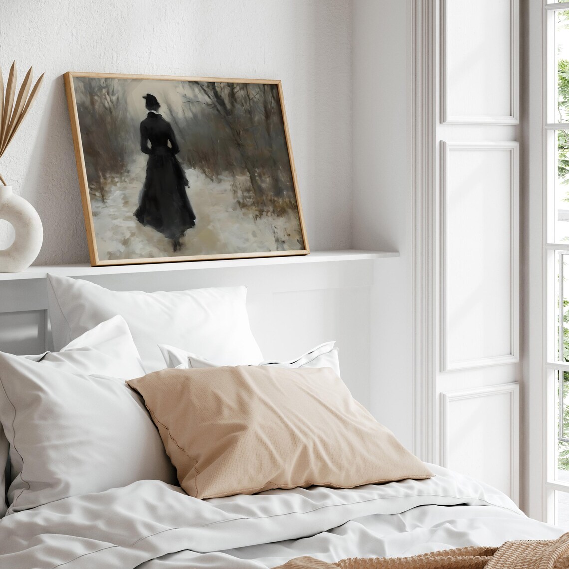 Woman In Black Dress Walking Snowy Path Moody Winter Painting Poster - Image 5