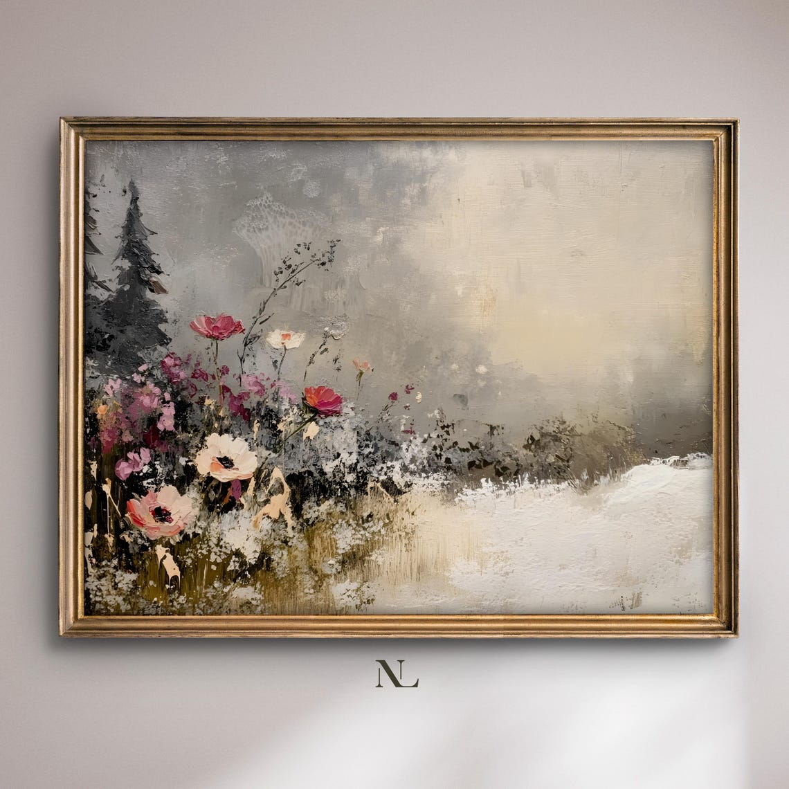 Pink And White Wildflowers With Pine Trees Winter Meadow Poster