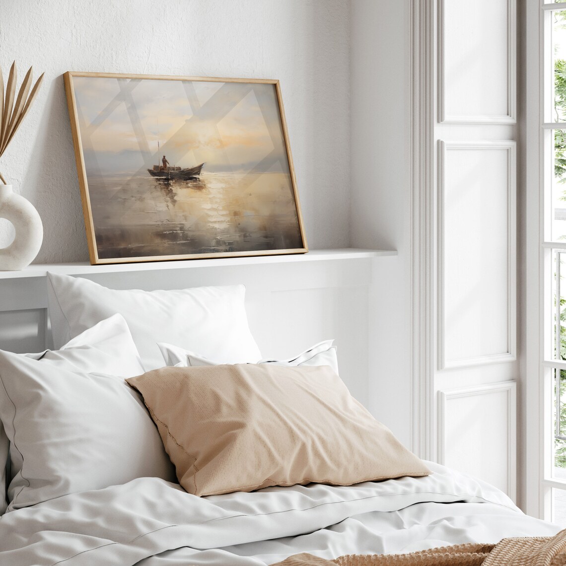 Fisherman In Small Boat On Calm Misty Sea Sunset Glow Poster - Image 6