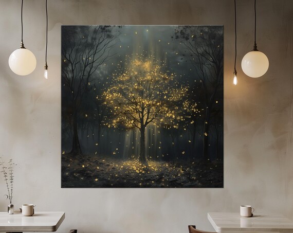 Magic Tree Print Golden Tree Wall Art Nature Abstract Print Fantasy Wall Art Living Room Decor Extra Large Wall Art Art