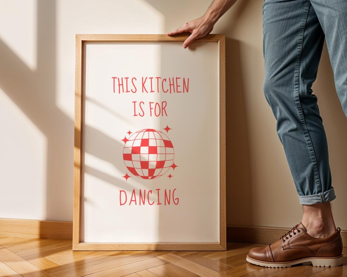 This Kitchen Is For Dancing Retro Red Disco Ball Typography Poster - Image 7