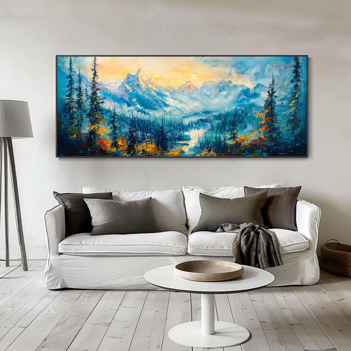 Teal Mountain Valley Evergreen Forest Golden Sky Impasto Art Poster - Image 2