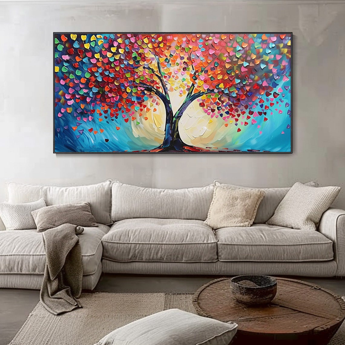 Rainbow Heart Leaf Tree Teal Background Palette Knife Art Poster - Image 3