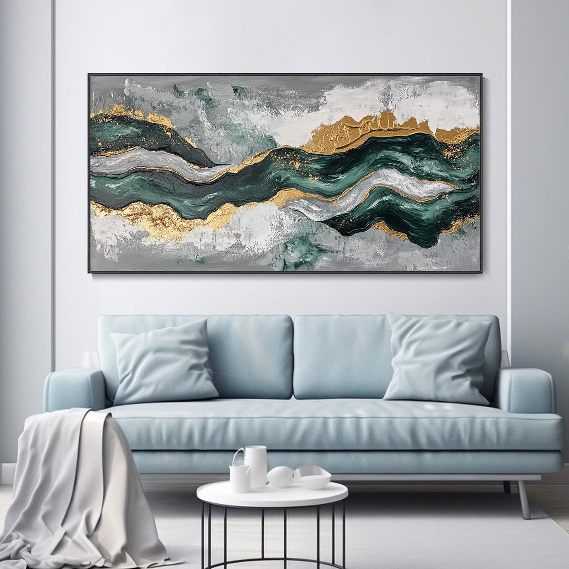 3d Textured Wall Art Green Minimalist Beach Painting Ocean Wave Painting On Wabi Sabi Wall Art Living Room Painting Fashion Decor - Image 3