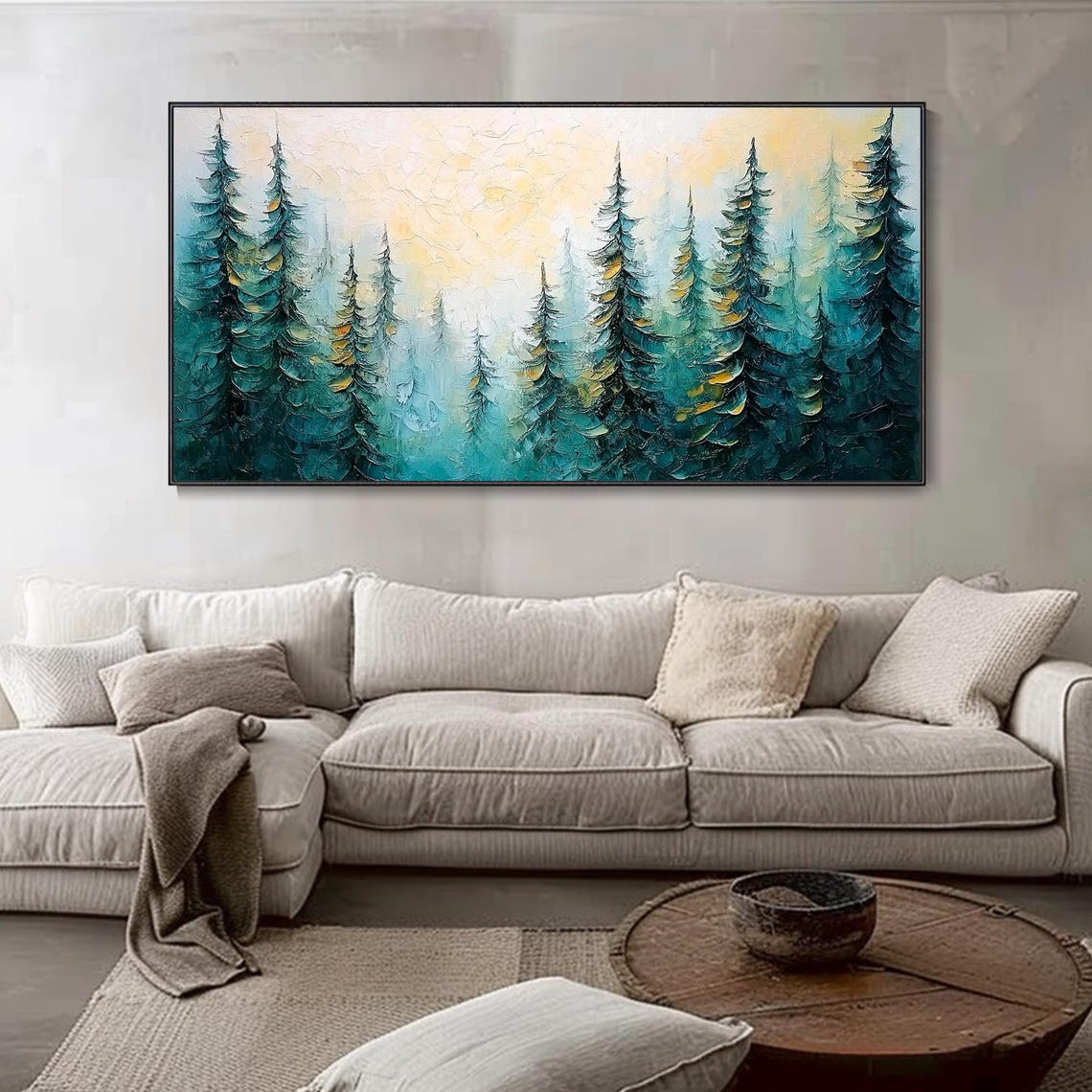 Misty Evergreen Pine Forest Teal Gold Impasto Nature Art Poster - Image 4