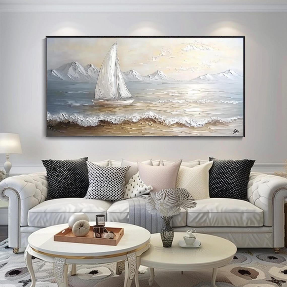 White Sailboat Calm Sea Snowy Mountains Muted Seascape Art Poster - Image 4