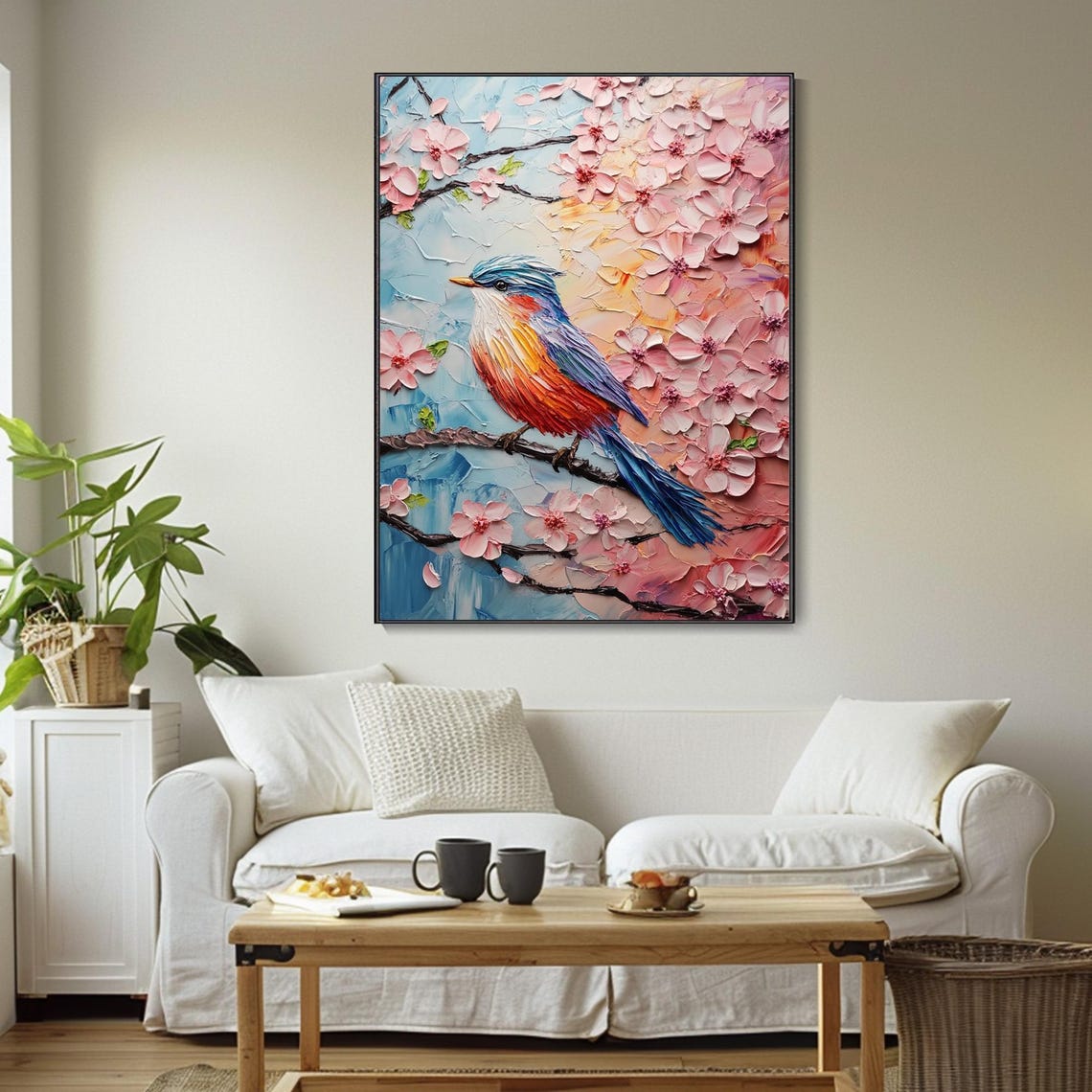 Colorful Songbird Cherry Blossom Branch Textured Modern Wall Art - Image 4