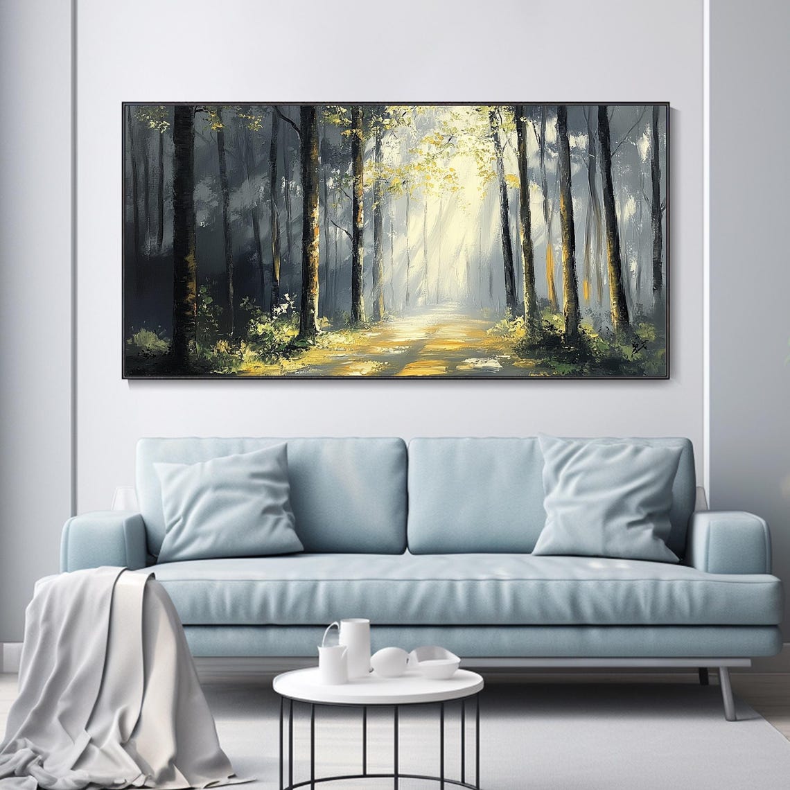 Misty Forest Path Sunbeams Gray Green Moody Landscape Art Poster - Image 3
