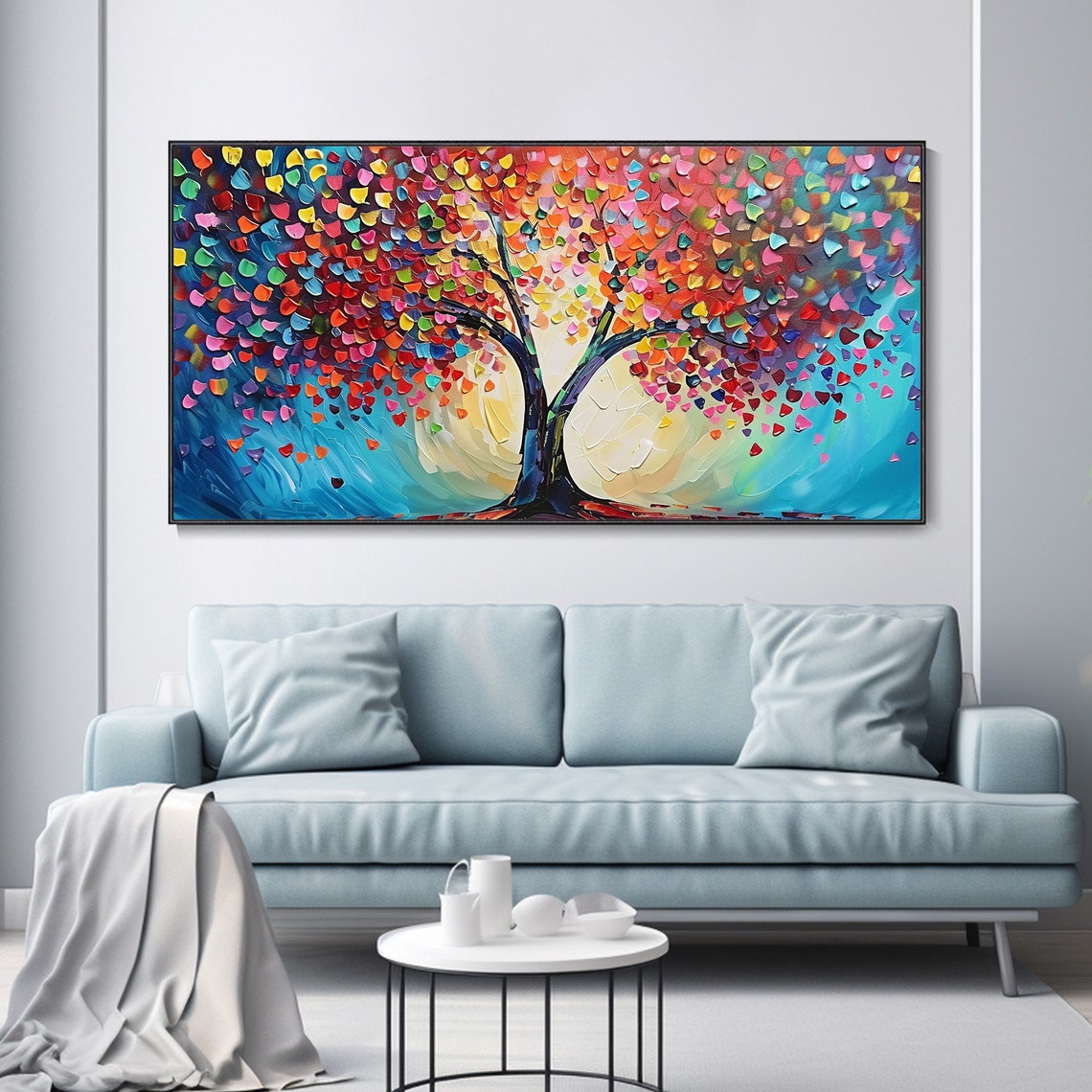 Rainbow Heart Leaf Tree Teal Background Palette Knife Art Poster - Image 2