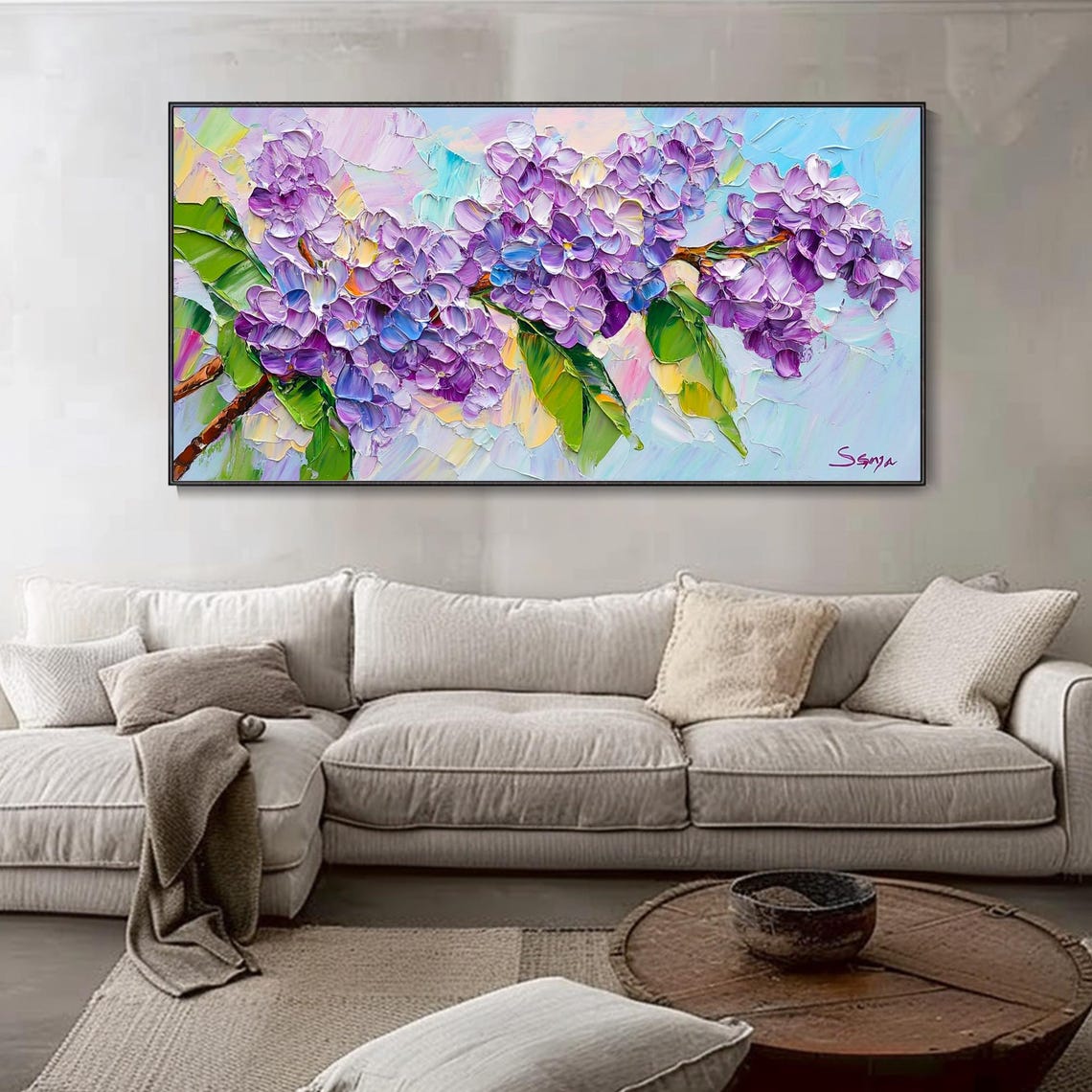 Purple Lilac Branch Blossom Signed Impasto Floral Art Poster - Image 4