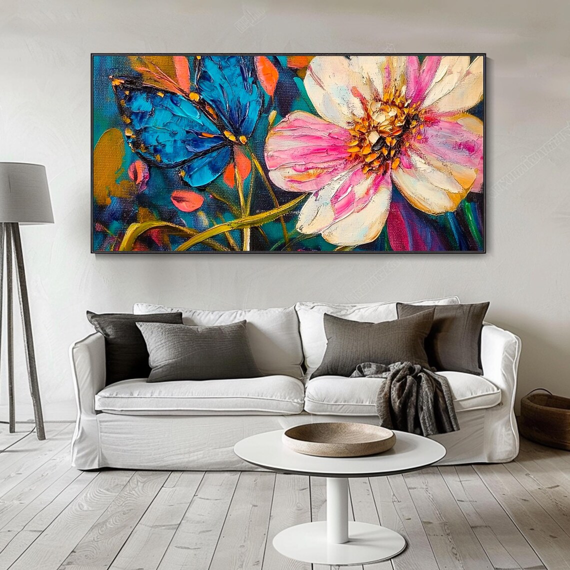 Blue Butterfly Pink Blossom Textured Impasto Floral Art Poster - Image 5