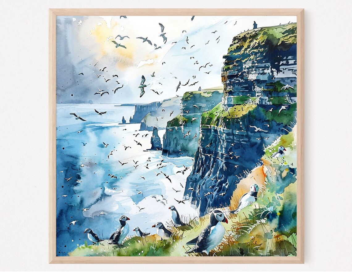 Sea Cliffs Puffins Watercolor Dramatic Coastal Seabirds Landscape Poster