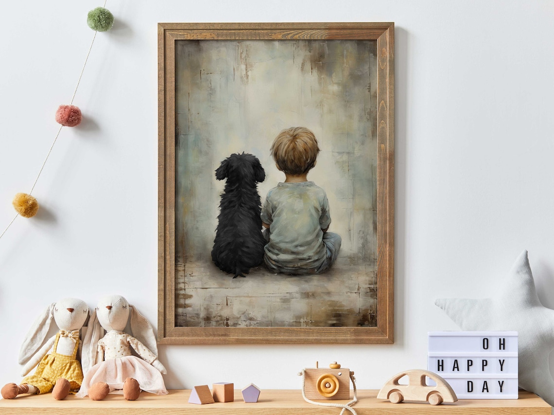 Boy And Black Dog Vintage Nursery Art Print