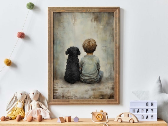 Boy And Black Dog Vintage Nursery Art Print