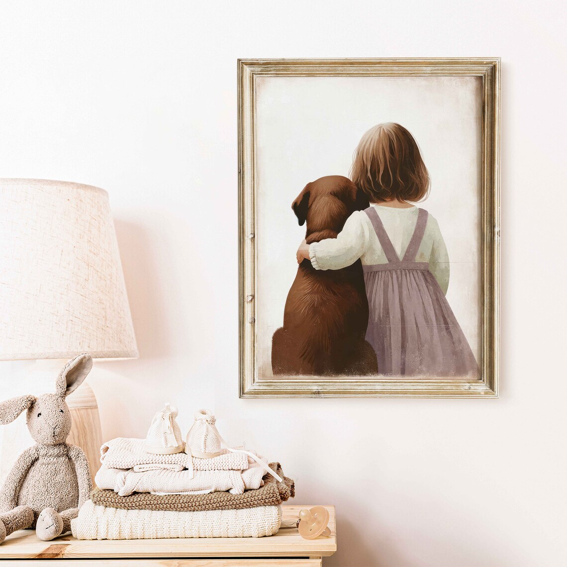 Sweet Little Girl Hugging a Chocolate Brown Labrador Puppy Poster - Image 2