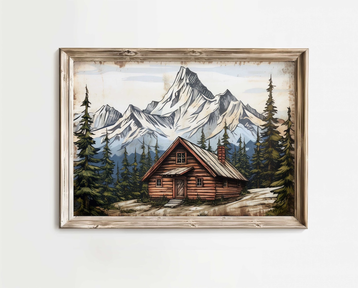 Vintage Mountain Log Cabin Poster Rustic Wooden Home Among Snowy Peaks