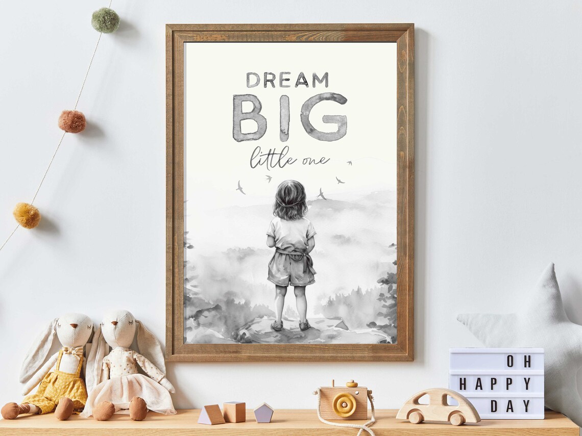 Dream Big Little One Quote With Girl Overlooking The Ocean Nursery Print