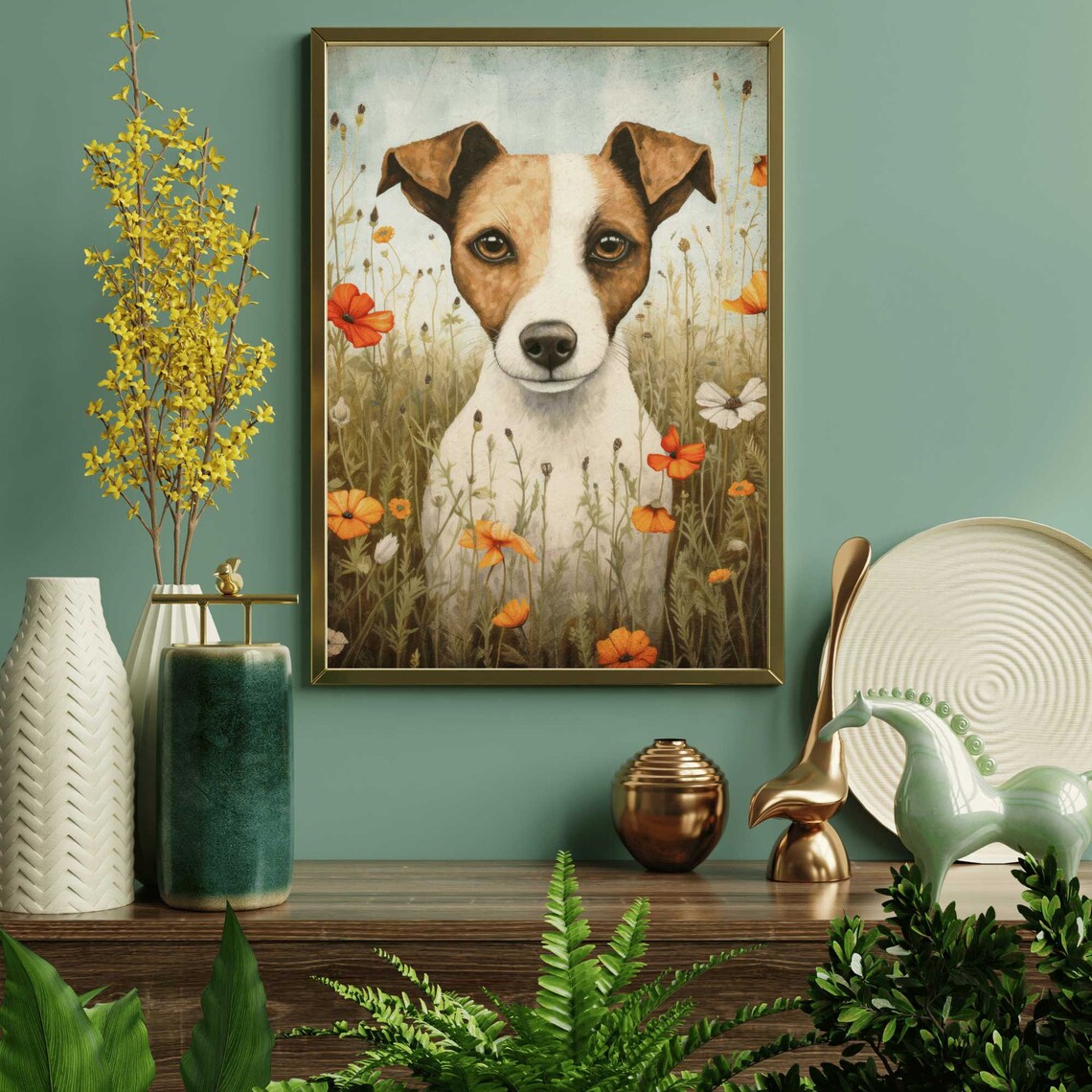 Jack Russell Terrier Dog Portrait Among Orange Poppies Art Print - Image 2