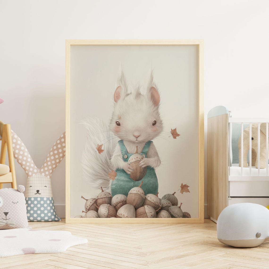 White Squirrel With Acorn in Overalls Woodland Nursery Art Print - Image 2