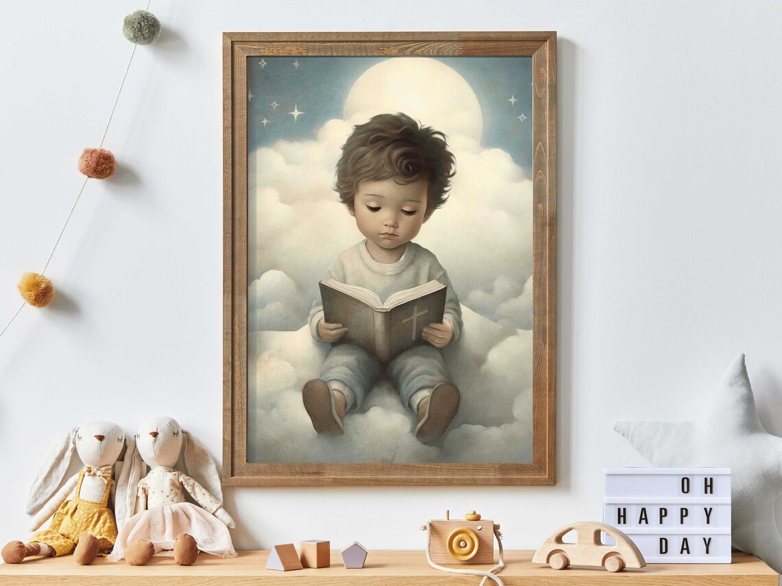 Little Boy Reading Bible on Heavenly Clouds at Night Nursery Poster