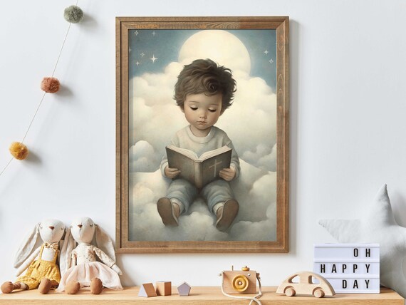 Little Boy Reading Bible on Heavenly Clouds at Night Nursery Poster