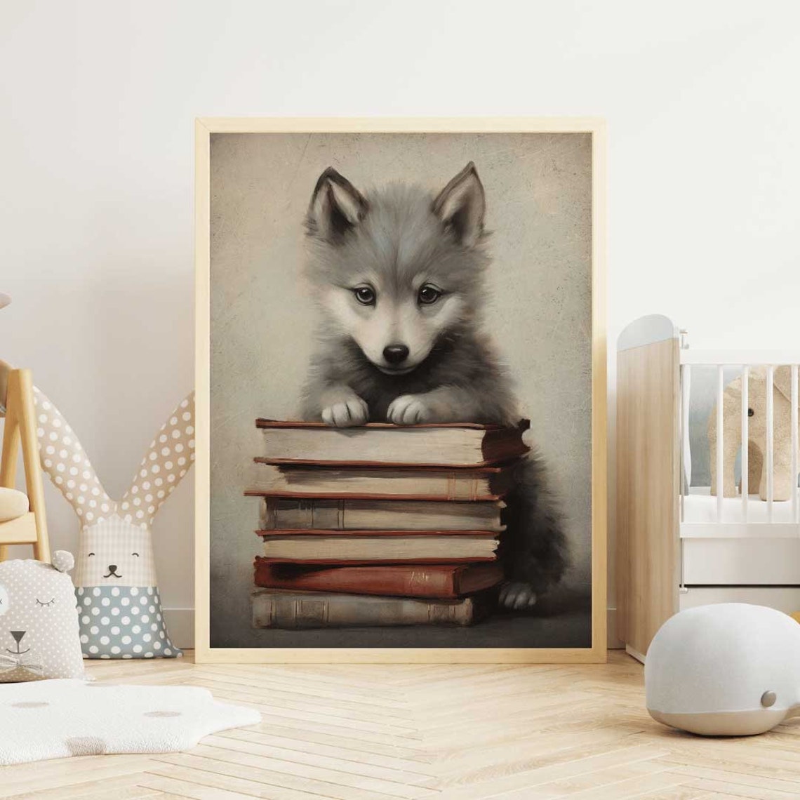Gray Wolf Cub Leaning on Stack of Books Kids Reading Corner Poster - Image 2